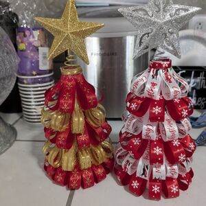 Festive Ribbon Christmas Tree Set with Gold and Silver Stars